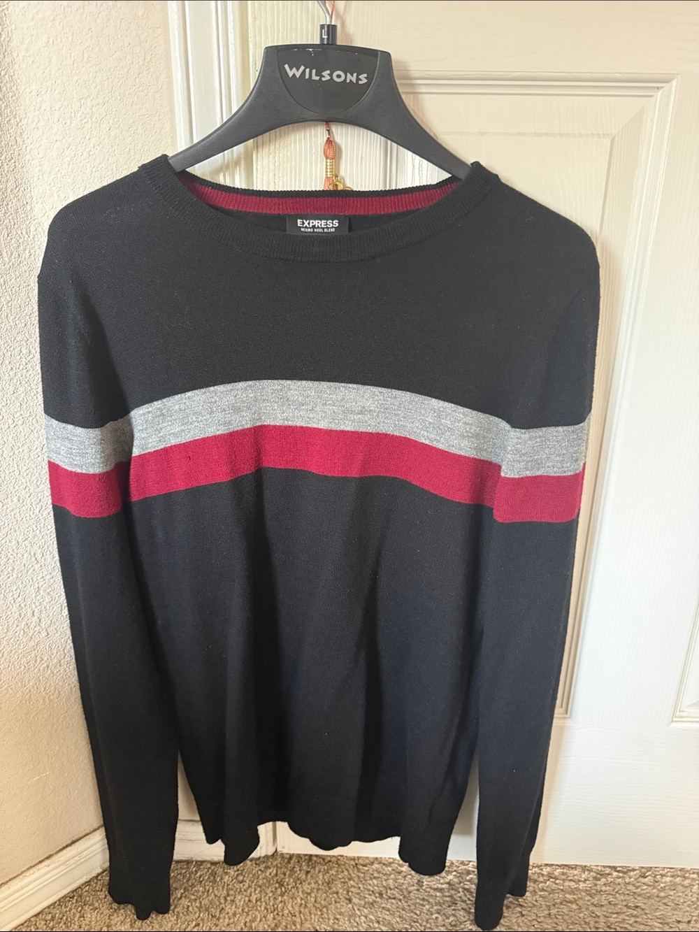 Express Black Crewneck Sweater with Red and Gray Chest Stripe